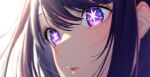  1girl absurdres blurry blush close-up commentary depth_of_field eyebrows_hidden_by_hair eyelashes eyes_visible_through_hair highres hoshino_ai_(oshi_no_ko) lips nose oshi_no_ko parted_lips purple_eyes purple_hair sakura_shiho sidelighting sidelocks simple_background solo star-shaped_pupils star_(symbol) swept_bangs symbol-shaped_pupils white_background 