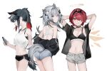  3girls animal_ear_fluff animal_ears arknights arms_behind_head black_bra black_hair black_headband black_jacket black_shorts bra breasts cellphone colored_tips commentary energy_wings exusiai_(arknights) food food_in_mouth from_side grey_eyes grey_hair grey_shorts hair_ornament hair_over_one_eye hairclip halo headband highres holding holding_phone jacket lappland_(arknights) looking_at_viewer looking_back looking_down medium_breasts multicolored_hair multiple_girls phone pocky profile red_eyes red_hair s_4ik4 shirt short_hair shorts simple_background smile tail tank_top texas_(arknights) underwear white_background white_bra white_shirt wolf_ears wolf_girl wolf_tail 