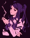  1girl black_background cigarette jill_stingray long_hair looking_at_viewer moshimoshibe purple_hair red_eyes simple_background smoke solo twintails va-11_hall-a vest 