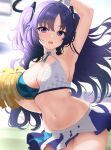  1girl absurdres blue_archive breasts cheering cheerleader cleavage cowboy_shot detached_collar halo halterneck highres large_breasts long_hair mechanical_halo millennium_cheerleader_outfit_(blue_archive) navel ni_tamago_sando open_mouth purple_eyes purple_hair solo two_side_up yuuka_(blue_archive) 