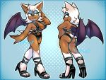  anthro bat bat_wings big_breasts black_high_heels blue_background blue_eyeshadow breasts brown_body brown_fur butt colored_nails ear_piercing eyelashes eyeshadow female front_view fur green_eyes hand_on_head hand_on_hip head_tuft hi_res lipstick looking_back makeup mammal membrane_(anatomy) membranous_wings meowwabae nails navel open_mouth open_smile piercing pink_lipstick pink_nails rear_view rouge_the_bat sega simple_background smile snaggle_tooth solo sonic_the_hedgehog_(series) thick_thighs tuft white_body white_fur wide_hips wings 