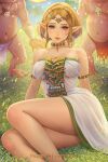 1girl 2boys bare_shoulders blonde_hair braid choker circlet crown_braid dress highres jewelry lips multiple_boys necklace outdoors pointy_ears princess_zelda prywinko see-through see-through_dress short_hair sitting skull_necklace solo_focus strapless strapless_dress the_legend_of_zelda the_legend_of_zelda:_tears_of_the_kingdom yellow_eyes 