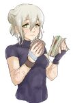  absurdres bracelet breasts crumbs eating effie_(fire_emblem) fire_emblem fire_emblem_fates food green_eyes grey_hair hair_bun highres holding holding_food jewelry looking_at_viewer medium_breasts misokatsuhaumai sandwich scar solo turtleneck 