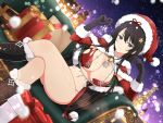  1girl angel beads bikini black_eyes black_gloves black_hair blush boots box breasts building capelet christmas christmas_lights christmas_ornaments christmas_present christmas_tree city_lights cityscape cleavage couch fur-trimmed_headwear fur_trim gift gift_box gloves hair_ornament hat highres holly jewelry kagura_(senran_kagura) large_breasts lingerie long_hair looking_at_viewer navel official_alternate_costume official_art red_capelet red_headwear revealing_clothes santa_bikini santa_costume santa_hat senran_kagura senran_kagura_new_link sky snow solo star_(sky) star_(symbol) star_hair_ornament starry_sky swimsuit symbol-shaped_pupils tower underwear wide_hips yaegashi_nan 