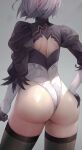  absurdres ass back back_cutout black_thighhighs clothing_cutout feather-trimmed_sleeves from_behind gloves hand_on_own_hip highres juliet_sleeves leotard long_sleeves nier:automata nier_(series) puffy_sleeves short_hair simple_background thighhighs thong_leotard white_hair white_leotard xiangping_saguo yorha_no._2_type_b 