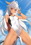  1girl blue_sky breasts cloud collarbone competition_swimsuit covered_navel dark-skinned_female dark_skin dragon_girl dragon_horns enjo_kouhai fingernails grey_hair grin hair_between_eyes hair_intakes highres horns long_hair looking_at_viewer one-piece_swimsuit red_eyes red_nails sharp_fingernails sky small_breasts smile solo sweat swimsuit takunomi two-tone_one-piece_swimsuit ursula_(takunomi) v wet 