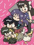  bandana bird bow braid braided_ponytail brown_hair duck glasses hair_bow hibiki_ryouga kuonji_ukyou moitasu mousse_(ranma_1/2) pink_background purple_hair ranma_1/2 saotome_ranma shampoo_(ranma_1/2) spatula twitter_username white_bow yellow_bandana 