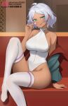  1girl :q absurdres aqua_eyes bare_shoulders breasts candy closed_mouth collarbone covered_navel dark-skinned_female dark_skin food foot_out_of_frame grey_hair gundam gundam_suisei_no_majo highleg highres holding holding_candy holding_food holding_lollipop jacket kiu6 large_breasts leotard lollipop long_sleeves looking_at_viewer off_shoulder open_clothes open_jacket secelia_dote short_hair sitting smile solo thighhighs thighs tongue tongue_out white_leotard white_thighhighs 