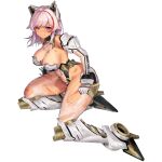  05565 1girl animal_ears armor armored_boots armpit_crease bare_shoulders battle_damage black_collar blue_eyes blush boots breasts broken_armor cat_ears clenched_teeth collar dark-skinned_female dark_skin defeat detached_sleeves english_text fake_animal_ears full_body gloves gold_trim hair_intakes hand_on_ground highleg highleg_leotard highres injury lancer_mina large_breasts last_origin leotard looking_at_viewer mechanical_ears mechanical_parts medium_hair multicolored_hair official_alternate_costume official_art one_eye_closed pantyhose pilot_suit pink_hair red_hair scratches see-through see-through_sleeves simple_background sitting skindentation solo streaked_hair tachi-e tail tan tanlines teeth thick_thighs thighs third-party_source torn_clothes torn_leotard torn_pantyhose torn_sleeves transparent_background two-tone_hair white_footwear white_gloves white_leotard yokozuwari 