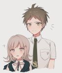  1boy 1girl :o ? badge black_shirt blush breast_pocket brown_eyes brown_hair collared_shirt cropped_shoulders cropped_torso danganronpa_(series) danganronpa_2:_goodbye_despair dress_shirt flipped_hair green_necktie grey_background hinata_hajime hood hood_down hooded_jacket jacket medium_hair nanami_chiaki neck_ribbon necktie o15546451 pink_eyes pink_ribbon pocket ribbon shirt short_hair short_sleeves simple_background white_shirt 