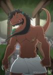  accessory aledon_rex allosaurid allosaurus anthro black_hair bluewollvieh brown_body brown_scales claws dinosaur hair hair_accessory hair_tie hot_spring male muscular muscular_male plant ponytail reptile scales scalie scar smile solo stones teeth theropod towel water 