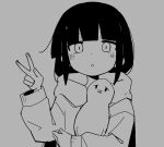  1girl :o animal bird blunt_bangs blush face_of_the_people_who_sank_all_their_money_into_the_fx_(meme) fusazakura grey_theme hand_up holding holding_animal holding_bird hood hood_down hoodie lag_train_(vocaloid) long_hair long_sleeves looking_at_viewer low_twintails meme monochrome open_mouth osage_(inabakumori) pigeon solo twintails upper_body v vocaloid 