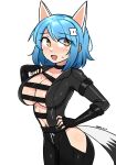  1girl animal_ears black_bodysuit black_straps blue_hair blush bodysuit bodysuit_pull breasts brown_eyes choker cleavage cowboy_shot elbow_gloves fingerless_gloves fox_ears fox_tail gloves gradient_hair green_nails hair_ornament hairclip hand_on_own_hip highres hip_vent ii_(peps_art) jumpsuit large_breasts looking_to_the_side medium_hair multicolored_hair navel navel_piercing nervous_smile open_mouth original peps_art piercing simple_background smile strap_pull sweat swept_bangs tail twitter_username white_background 