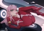  1girl bodysuit breasts candy commentary darling_in_the_franxx english_commentary feet food foxinshadow green_eyes highres holding holding_candy holding_food holding_lollipop horns legs_up licking lollipop long_hair lying on_back pink_hair red_bodysuit signature small_breasts smile solo toes watermark zero_two_(darling_in_the_franxx) 