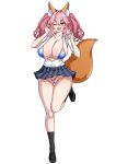  1girl animal_ear_fluff animal_ears bangs bikini bikini_under_clothes black_footwear black_socks blue_bikini blue_skirt breasts cleavage collarbone collared_shirt fate/extra fate_(series) fox_ears fox_girl fox_shadow_puppet fox_tail full_body hair_between_eyes highres kneehighs large_breasts loafers long_hair looking_at_viewer miniskirt muta_poo one_eye_closed open_clothes open_mouth open_shirt pink_hair shirt shoes short_sleeves sidelocks skirt smile socks solo swimsuit tail tamamo_(fate) tamamo_no_mae_(fate/extra) twintails white_shirt yellow_eyes 