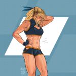  1girl abs blonde_hair breasts cleavage closed_eyes feather_hair fingerless_gloves gloves hand_on_own_hip hand_on_own_neck highres max_kay metroid muscular muscular_female samus_aran short_shorts shorts signature solo tank_top 
