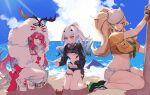  antlers baobhan_sith_(fate) baobhan_sith_(swimsuit_pretender)_(fate) barghest_(fate) barghest_(swimsuit_archer)_(fate) beach bikini black_bikini black_jacket blonde_hair blue_sky breasts cernunnos_(fate) character_hood cleavage crab cropped_jacket detached_collar dragon_wings fate/grand_order fate_(series) fingerless_gloves forked_eyebrows gloves green_eyes grey_eyes grey_headwear grey_skirt hat high_ponytail highres jacket large_breasts long_hair long_sleeves melusine_(fate) melusine_(swimsuit_ruler)_(fate) midriff miniskirt navel neckerchief open_clothes open_jacket open_mouth pencil_skirt pink_hair platform_footwear platform_heels pointy_ears sand_sculpture shirt shoes shore short_sleeves shrug_(clothing) sidelocks sitting skirt sky small_breasts smile sneakers squatting swimsuit tail thighlet tied_shirt uxco0 wariza white_hair white_jacket wings yellow_eyes yellow_gloves yellow_shirt 