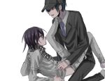  2boys :d black_jacket black_pants checkered_clothes checkered_scarf collared_shirt danganronpa_(series) danganronpa_v3:_killing_harmony grey_background grey_jacket grey_pants grey_shirt jacket jacket_lift kasou_(roomno404_) knee_up leg_up looking_at_another lying male_focus multiple_boys necktie oma_kokichi on_back orange_eyes pants saihara_shuichi scarf shirt simple_background smile striped_necktie yaoi 