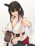  2girls angry armpit_crease black_hair black_serafuku blush braid breasts brown_hair cleavage covered_nipples detached_sleeves embarrassed fuwafuwatoufu grabbing grabbing_another&#039;s_breast hair_flaps hair_ornament hair_over_shoulder hair_ribbon headgear highres japanese_clothes kantai_collection large_breasts long_hair looking_at_viewer multiple_girls neckerchief nontraditional_miko one-hour_drawing_challenge open_mouth red_eyes ribbon school_uniform serafuku shigure_(kancolle) shigure_kai_ni_(kancolle) short_hair simple_background single_braid sitting skirt smile twitter_username wide_sleeves yamashiro_(kancolle) 