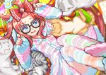  1girl agnes_digital_(umamusume) ahoge alternate_costume alternate_hairstyle animal_ears bespectacled blue_eyes blurry blurry_foreground blush bow breasts cat commentary_request forehead glasses hair_bow hair_ornament highres horse_ears horse_tail kingin long_hair looking_at_viewer lying open_mouth pajamas paw_pose pink_hair shorts socks solo tail thighhighs umamusume 