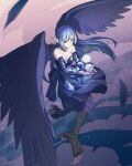  1girl bare_shoulders bird_legs black_dress black_feathers black_nails black_wings blue_eyes blue_hair breasts cleavage detached_sleeves dress duel_monster feathered_wings feathers flying harpie_oracle harpy highres large_breasts long_hair looking_at_viewer monster_girl orb pointy_ears solo talons tsukinami_kousuke winged_arms wings yu-gi-oh! 