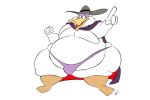  anatid anseriform anthro avian bird bulge cape clothing darkwing_duck disney drake_mallard duck gesture hat headgear headwear joe-anthro male mask obese obese_anthro obese_male overweight overweight_anthro overweight_male pointing signature simple_background thong underwear white_background white_body 