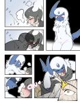  absol anthro black_hair blue_body colored comic curious duo eyes_closed female found fur gender_transformation generation_3_pokemon genitals hair hi_res human kiss_on_lips kissing male mammal mtf_transformation nintendo pokemon pokemon_(species) pre-transformation pussy red_eyes snow species_transformation transformation unconscious white_body white_fur woken_up yellow_eyes zneazel 