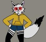  absurd_res anthro blush clothing domestic_cat eyewear felid feline felis fur fur_tuft girly glasses hi_res hoodie legwear limitedaverage male mammal piercing raised_tail silly_cat_(mauzymice) solo standing tail thigh_highs topwear tuft white_body white_fur 