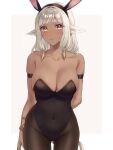  1girl animal_ears ash_(fire_emblem) bare_shoulders black_horns black_leotard blush breasts brown_eyes cow_ears cow_girl cow_tail dark-skinned_female dark_skin fake_animal_ears fire_emblem fire_emblem_heroes highres horns large_breasts leotard long_hair looking_at_viewer pantyhose playboy_bunny rabbit_ears solo strapless strapless_leotard tail tomo_shirasu white_hair 