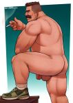  1boy absurdres arm_hair ass ass_hair back_hair bara baramantik beard_stubble belly brown_hair cigarette detective_(baramantik) flaccid foot_out_of_frame hairy highres holding holding_cigarette leg_hair leg_up light_frown looking_ahead male_focus mature_male muscular muscular_male old old_man original penis penis_peek plump short_hair sideburns solo testicle_hair thick_mustache thick_thighs thighs uncensored undercut wrinkled_skin 