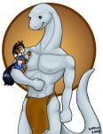  2004 abs anthro apatosaurus astor beerhorse bottomwear brown_bottomwear brown_clothing brown_loincloth clothing dalia_(beerhorse) denim denim_clothing denim_overalls dinosaur diplodocid duo female holding_character loincloth long_neck long_tail looking_at_viewer macro male mostly_nude muscular navel nipples pecs reptile sauropod scalie standing tail 