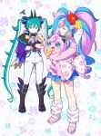 2girls absurdres belt belt_buckle blue_hair blue_skirt boots buckle closed_mouth commentary_request dragon_miku_(project_voltage) eyelashes fairy_miku_(project_voltage) flower gcckg green_eyes green_hair hair_flower hair_ornament hatsune_miku highres holding holding_pokemon jigglypuff knees long_hair loose_socks multicolored_hair multiple_girls pants pink_hair pokemon pokemon_(creature) project_voltage red_flower shoes skirt socks squiggle standing sweatdrop sweater twintails two-tone_hair vocaloid 