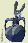  2023 anthro big_butt blue_eyes bottom_heavy bottomwear butt clothing disney female hi_res huge_butt judy_hopps lagomorph leporid looking_back mammal panties pants pink_nose police_uniform pulling_up_pants rabbit rear_view solo struggling_to_fit tail-blazer underwear uniform wide_hips zootopia 