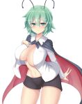  1girl alternate_breast_size antennae black_cape black_shorts blush breasts cape cleavage closed_mouth collared_shirt commentary_request cowboy_shot green_eyes green_hair hair_between_eyes highres large_breasts long_bangs long_sleeves looking_at_viewer navel no_bra open_clothes open_shirt red_cape shiny_skin shirt short_hair short_shorts shorts simple_background smile solo touhou two-sided_cape two-sided_fabric white_background white_shirt wriggle_nightbug yuunagi_(yunagi1373) 