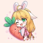  1girl :3 ;d ahoge animal_ears anklet bare_legs bell blonde_hair blush bow carrot chibi chinese_clothes dress ears_down fake_animal_ears flower fox_ears full_body green_eyes hanfu highres holding holding_carrot huyao_xiao_hongniang jewelry kumu_zaisheng long_hair long_sleeves low-tied_long_hair one_eye_closed oversized_food pink_background pink_dress pink_flower rabbit_ears red_bow smile solo tushan_susu waist_bow walking wide_sleeves 