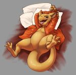  3_toes 4_fingers absurd_res anthro biped brown_body clothed clothing feet fingers haychel hi_res kobold open_mouth open_smile pillow scalie smile solo spread_legs spreading tail toes tongue tongue_out 