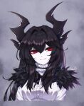  1girl alduin black_bow black_bowtie black_hair bow bowtie buttons center_frills closed_mouth collar cropped_torso dragon_girl dragon_horns frilled_collar frills genderswap genderswap_(mtf) grey_background hair_between_eyes hair_intakes highres horns kfre_(gehm8472) long_hair long_sleeves looking_at_viewer okamura_(okamura086) pale_skin personification red_eyes shirt sidelocks signature slit_pupils smile solo the_elder_scrolls the_elder_scrolls_v:_skyrim white_shirt 