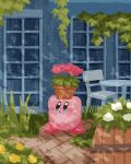 barrel blue_eyes blush_stickers chair flower highres kirby kirby_(series) miclot nature no_humans open_mouth pink_flower plant potted_plant table vines white_flower window yellow_flower 