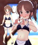  absurdres apron bikini blush breasts brown_eyes brown_hair choudai-sama detached_collar flip-flops heart heart_hands highres idolmaster idolmaster_cinderella_girls idolmaster_cinderella_girls_starlight_stage maid maid_apron maid_bikini maid_headdress navel ponytail sandals sidelocks small_breasts stomach swimsuit tachibana_arisu wrist_cuffs 