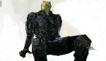  1boy animal_head black_gloves black_pants black_shirt caiman_(dorohedoro) copyright_name dated dorohedoro elbow_gloves furry gloves invisible_chair knee_pads looking_at_viewer male_focus nano_(c175311) pants reptile_boy shirt sitting solo 