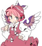  1girl animal_ears bird_ears bird_wings blush brown_dress brown_headwear collared_shirt dress frilled_dress frilled_sleeves frills grey_eyes grin hat highres ini_(inunabe00) long_sleeves mystia_lorelei pink_hair shirt short_hair simple_background sleeve_garter smile solo touhou upper_body white_background white_shirt white_wings winged_hat wings 