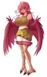  1girl absurdres ahoge animal_ear_fluff animal_ears bare_shoulders bird_legs blush breasts character_request closed_mouth collarbone commentary_request copyright_request dot_nose feathered_wings feathers full_body hair_between_eyes harpy highres jpeg_artifacts large_breasts long_hair long_neck looking_away midriff monster_girl nangmanheeyou navel open_hands red_feathers red_hair simple_background sleeveless solo speech_bubble split_mouth talons white_background winged_arms wings yellow_eyes 