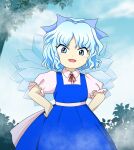  &gt;:) 1girl belt blue_bow blue_eyes blue_hair bow cirno cirno_day collared_shirt dress embodiment_of_scarlet_devil fog hair_bow hands_on_own_hips henkatakari highres ice ice_wings looking_at_viewer neck_ribbon open_mouth pinafore_dress puffy_short_sleeves puffy_sleeves red_ribbon ribbon shirt short_hair short_sleeves sky sleeveless sleeveless_dress solo touhou tree v-shaped_eyebrows wavy_hair white_belt white_shirt wings zun_(style) 