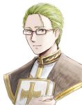  1boy artist_name book brown_eyes glasses hair_slicked_back heiter holding holding_book looking_at_viewer male_focus portrait simple_background solo sousou_no_frieren tukinorkgk white_background 