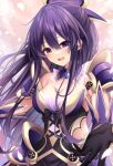  1girl armor armored_dress bow breasts date_a_live dress hair_bow highres looking_at_viewer medium_breasts open_hand open_mouth purple_dress purple_eyes purple_hair reaching reaching_towards_viewer shoulder_armor smile teeth tsukasa_tsubasa upper_body upper_teeth_only yatogami_tooka 