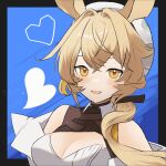  1girl :d animal_ears arknights bare_shoulders beret black_background blue_background breasts cleavage cleavage_cutout clothing_cutout dorothy_(arknights) dr.lamina hair_between_eyes hat heart jacket light_brown_hair long_hair looking_at_viewer medium_breasts off_shoulder open_clothes open_jacket smile solo two-tone_background upper_body white_headwear white_jacket yellow_eyes 