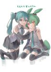  2girls bare_shoulders black_skirt blue_eyes blue_hair blue_necktie blush boots breasts cheek_squash commentary_request cosplay detached_sleeves fingers_on_another&#039;s_face green_hair grey_shirt hair_ornament hatsune_miku hatsune_miku_(cosplay) highres kikinoki kneeling long_hair looking_at_viewer multiple_girls necktie orange_eyes pleated_skirt seiza shadow shirt sitting skirt sleeveless sleeveless_shirt thigh_boots tie_clip translation_request twintails very_long_hair vocaloid voicevox zundamon 