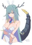  1girl animal_ears aqua_hair artist_name bare_shoulders blonde_hair blue_eyes blue_hair blue_necktie breasts cleavage dared detached_collar dragon_girl dragon_horns dragon_tail fake_animal_ears highres horns kichihachi la_peche_party leotard looking_at_viewer multicolored_hair necktie rabbit_ears shioumi_waka simple_background solo tail virtual_youtuber white_background white_leotard 