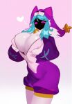  &lt;3 2023 anthro bell_accessory big_breasts blue_hair blush bovid breasts caprine clothed clothed_anthro clothed_female clothing digital_drawing_(artwork) digital_media_(artwork) fecharis female female_anthro front_view fur hair holding_breast hoodie kambinghorns kindred_(lol) lamb_(lol) league_of_legends looking_at_viewer mammal riot_games shaded sheep simple_background solo standing topwear white_body white_fur woof_and_the_lamb_kindred zipper 