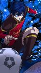  1boy arm_up ball black_shirt black_shorts black_socks blue_background blue_eyes blue_footwear blue_hair blue_lock collared_shirt full_body highres isagi_yoichi male_focus red_shirt riki_(rikixriki07) running shirt shoes short_hair shorts soccer_ball soccer_uniform socks solo sportswear two-tone_shirt 